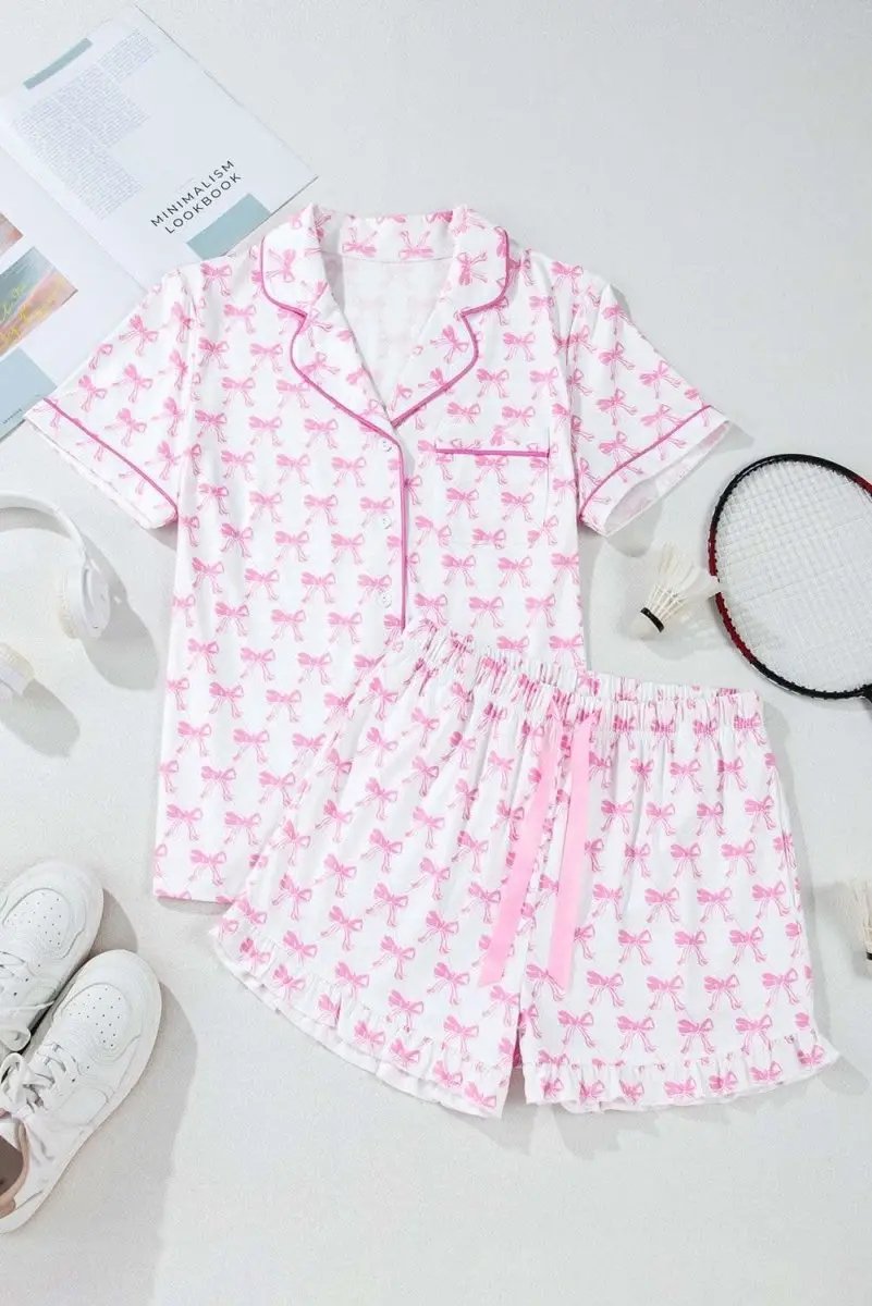 Pink Bowknot Printed Short Sleeve and Ruffled Shorts Valentines Pajama Set - Love Salve